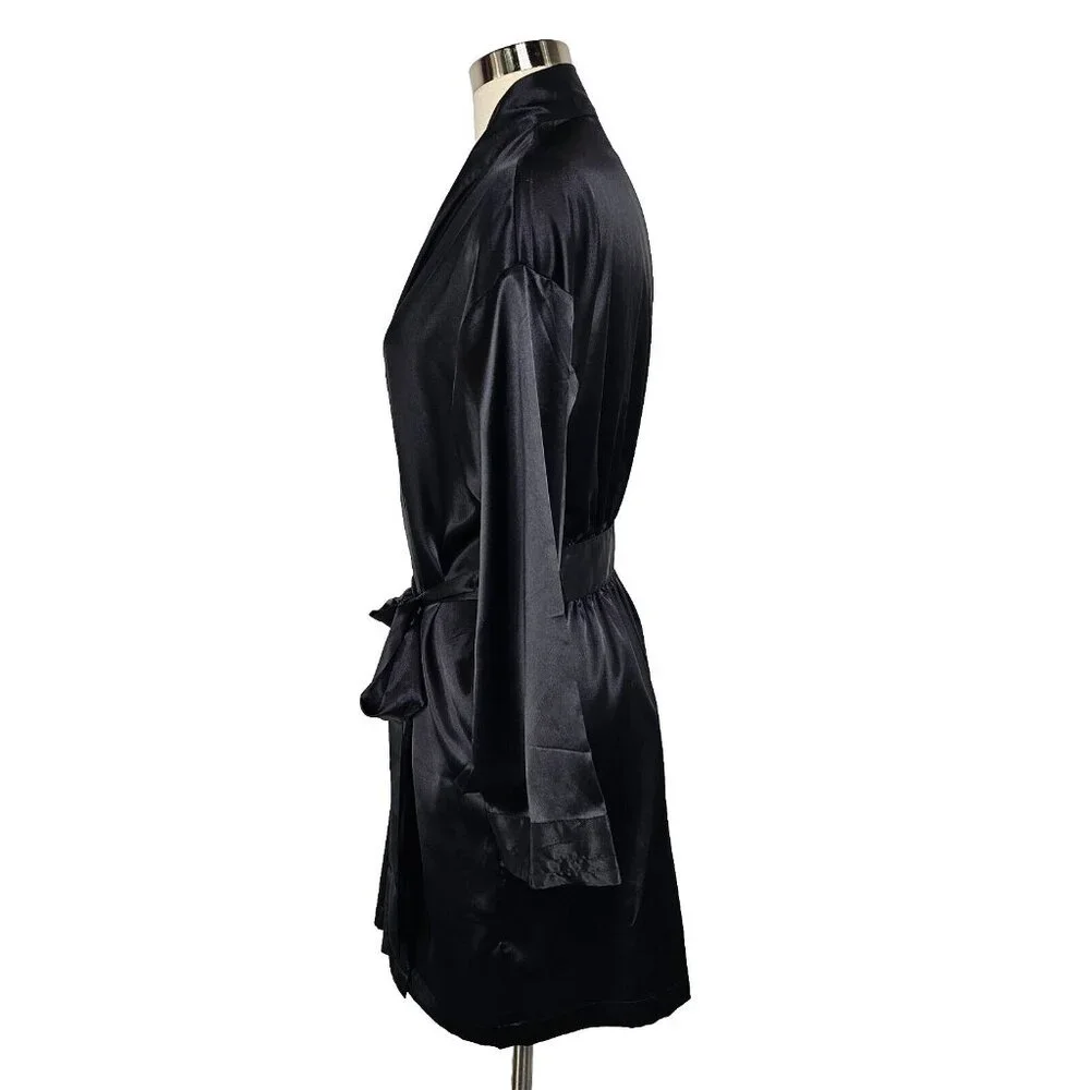 Vintage Y2K Victorias Secret Black Satin Robe One Size Short Dainty Romantic